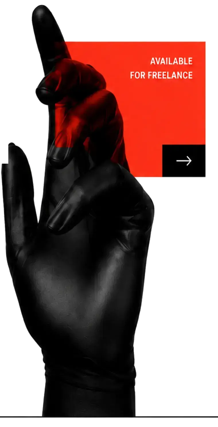 Black sculptural hand with red directional lighting