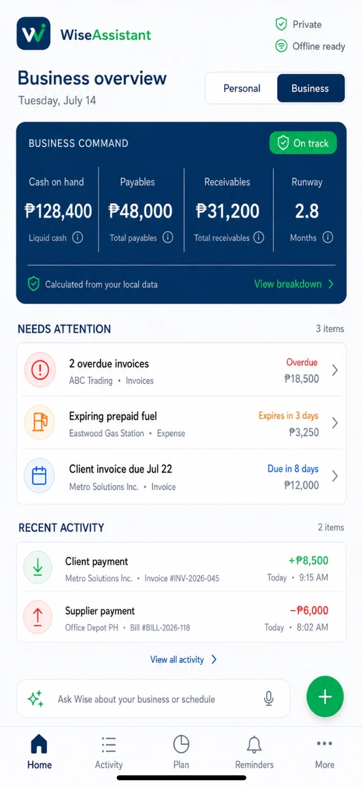 WiseAssistant business command dashboard showing cash flow, needs-attention items, and recent business activity