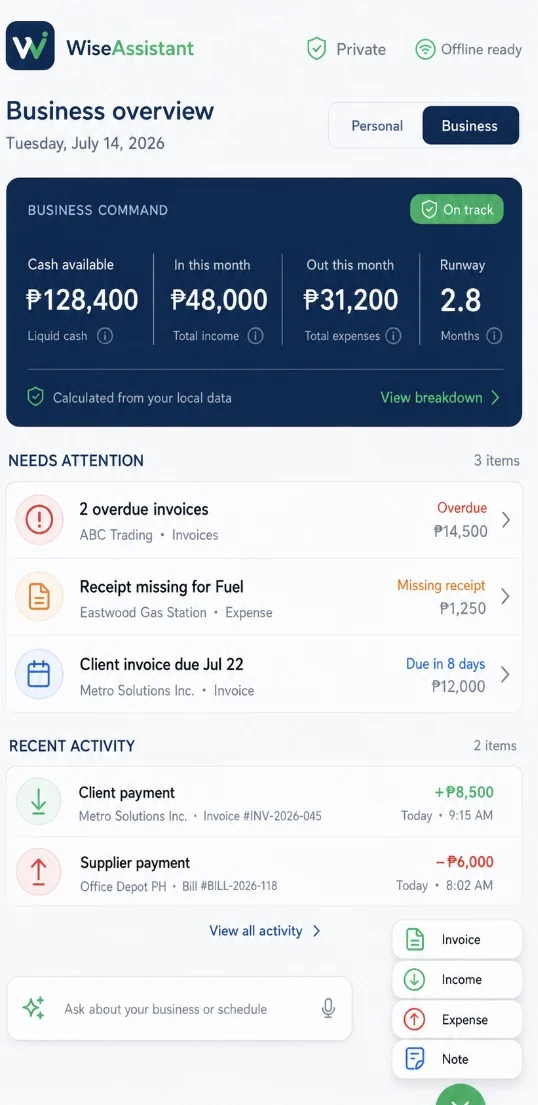 WiseAssistant business overview showing cash available, payables, receivables, runway, and quick actions