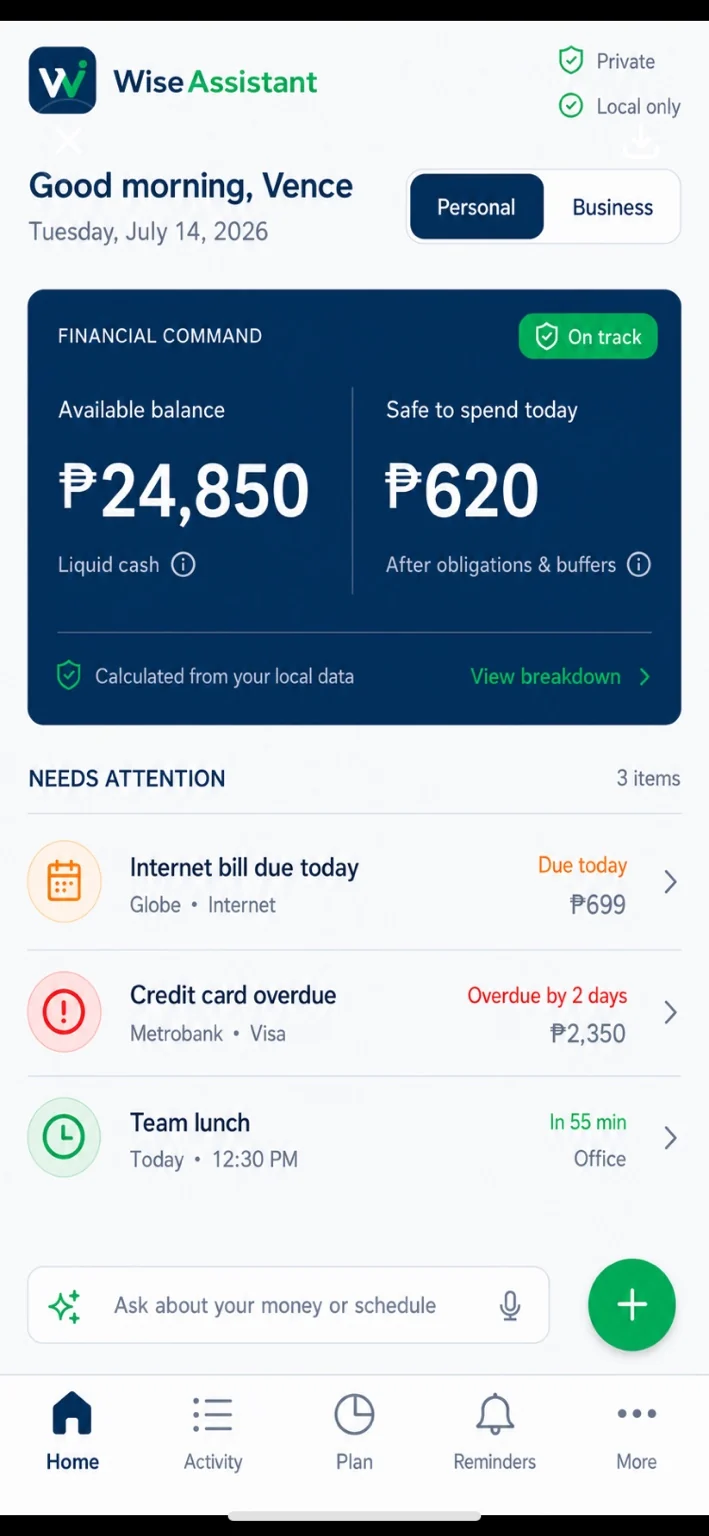WiseAssistant personal financial command home with available balance, obligations, and needs-attention items